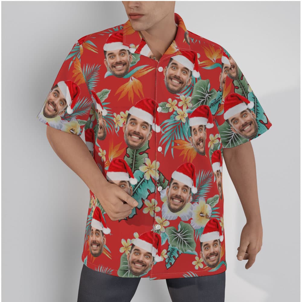 Funny Custom Face Christmas Floral Red Hawaiian Shirt