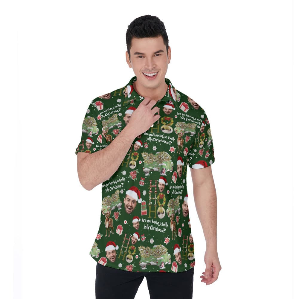 Funny Custom Face Christmas Green Hawaiian Polo Shirt