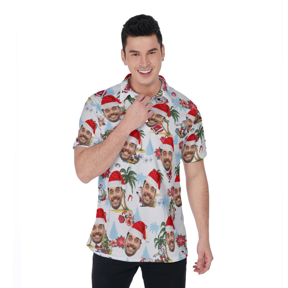 Funny Custom Face Christmas Palm Tree White Hawaiian Polo Shirt