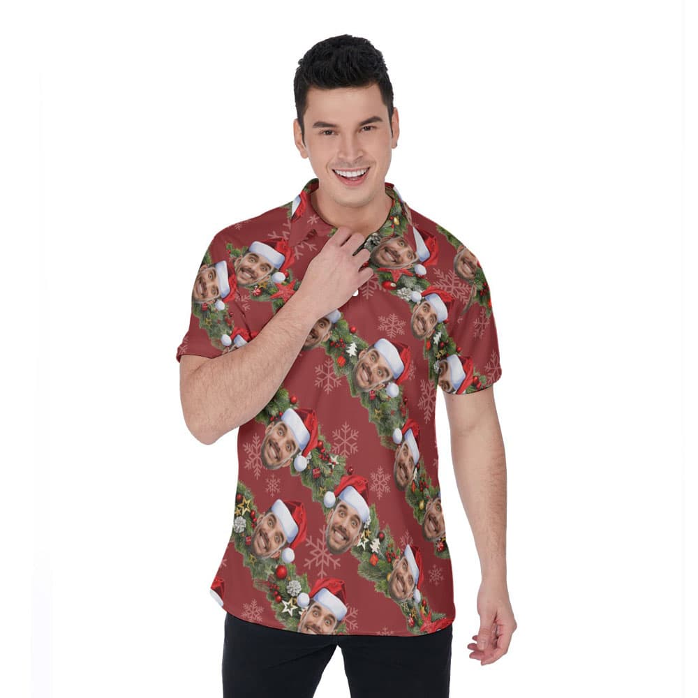 Funny Custom Face Christmas Red Hawaiian Polo Golf Shirt For Men