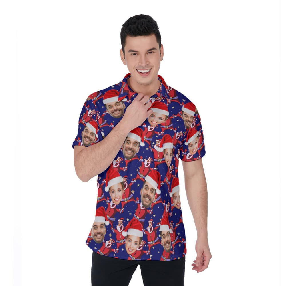 Funny Custom Face Christmas Santa Blue Hawaiian Golf Shirt