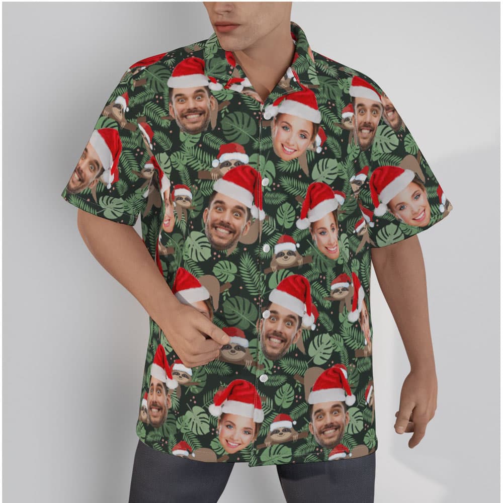 Funny Custom Face Christmas Sloth Green Hawaiian Shirt