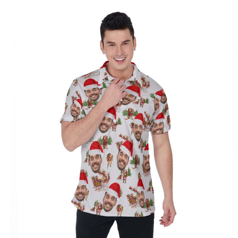 Funny Custom Face Classic Santa Claus Christmas Hawaiian Polo Shirt For Men