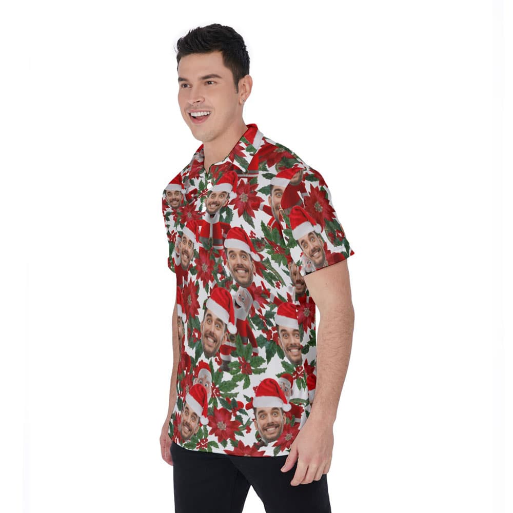 Funny Custom Face Classic Santa Floral Hawaiian Polo Shirt