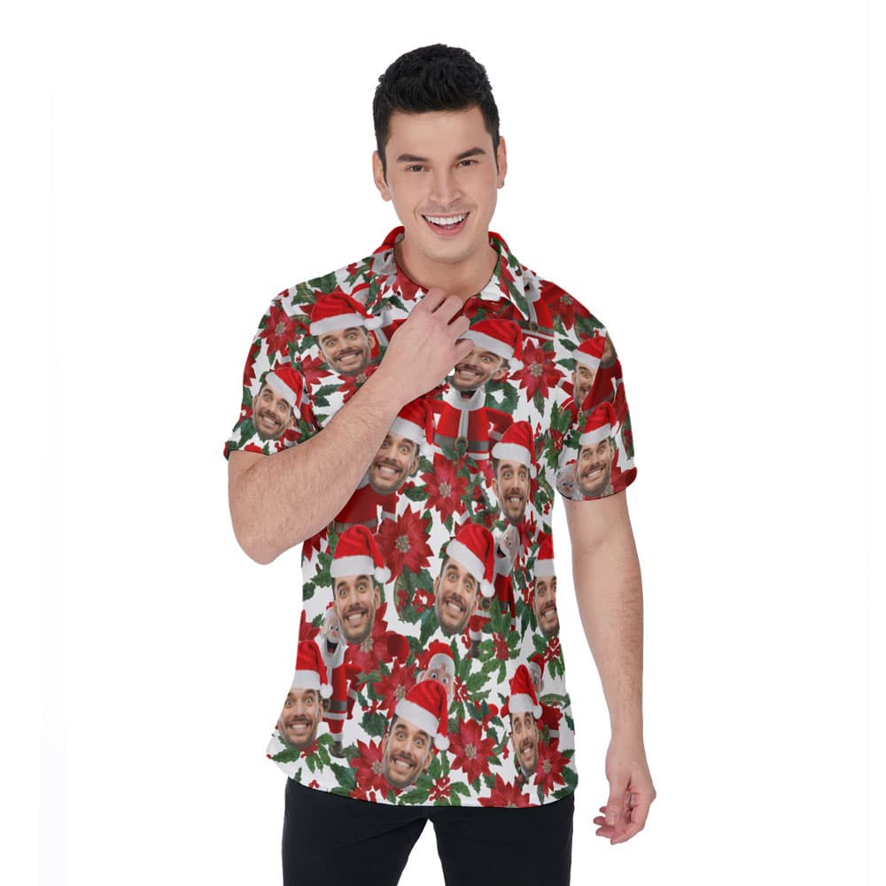 Funny Custom Face Classic Santa Floral Hawaiian Polo Shirt