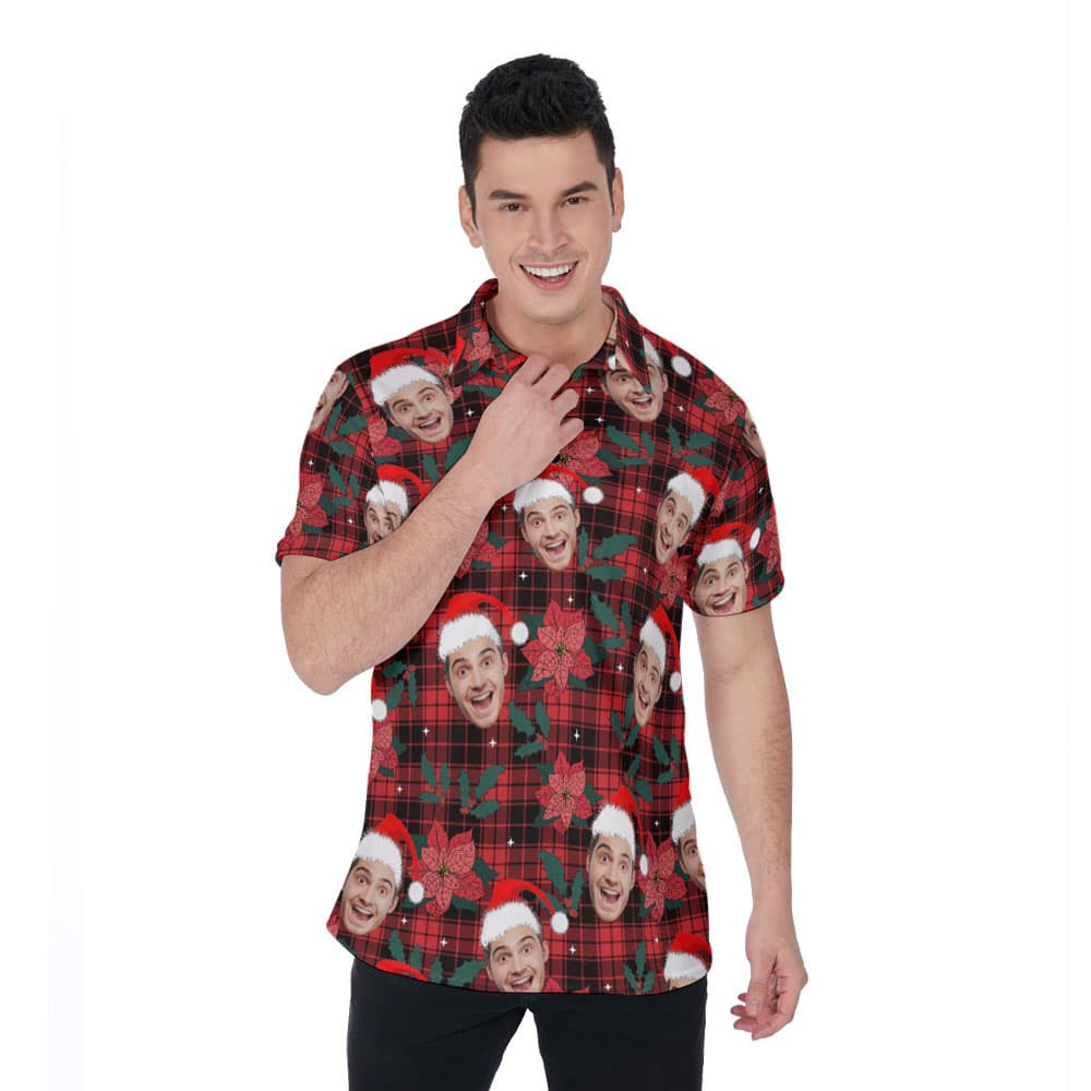 Funny Custom Face Floral Buffalo Plaid Christmas Hawaiian Polo Shirt