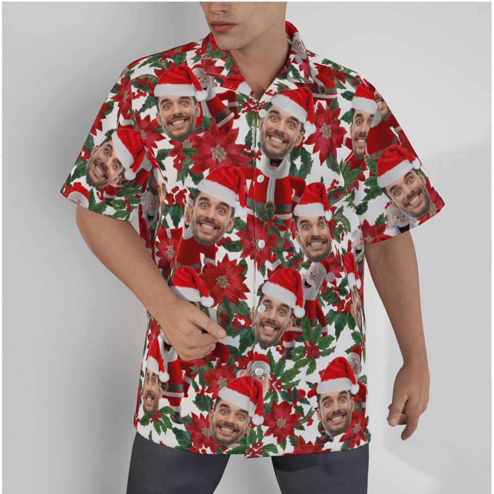 Funny Custom Face Floral Santa Christmas Hawaiian Shirt