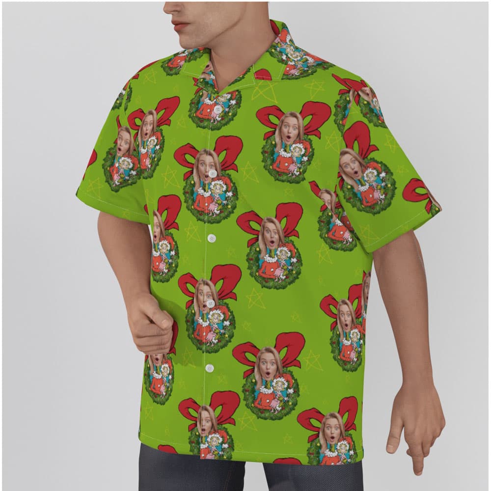 Funny Custom Face Men's Green Christmas Hawaiian Shirt