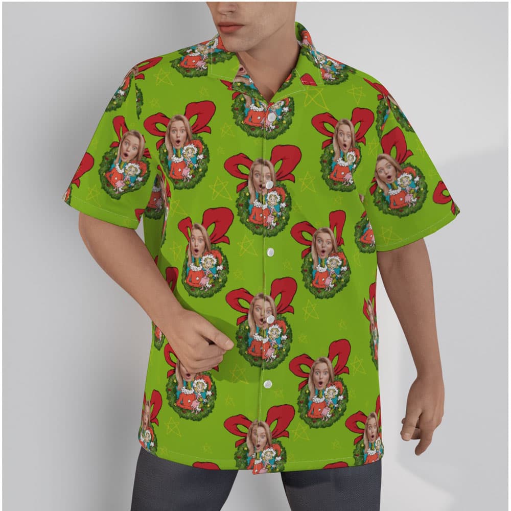 Funny Custom Face Men's Green Christmas Hawaiian Shirt