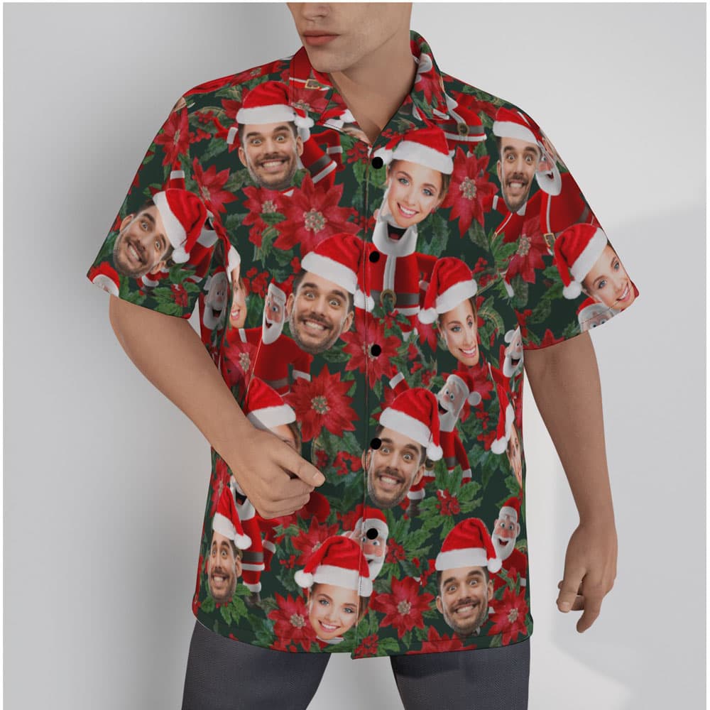 Funny Custom Face Poinsettia Santa Claus Hawaiian Shirt