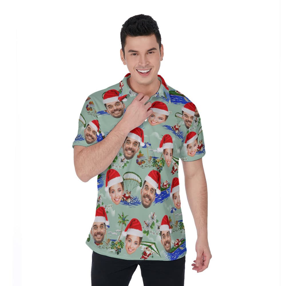 Funny Custom Face Surfing Santa Green Hawaiian Polo Golf Shirt