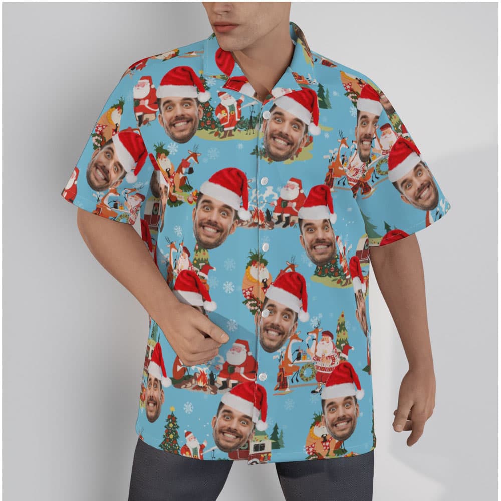 Funny Custom Face Vintage Christmas Santa Claus Blue Hawaiian Shirt