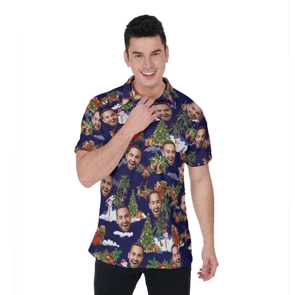 Funny Custom Face Vintage Santa Claus Christmas Hawaiian Polo Shirt