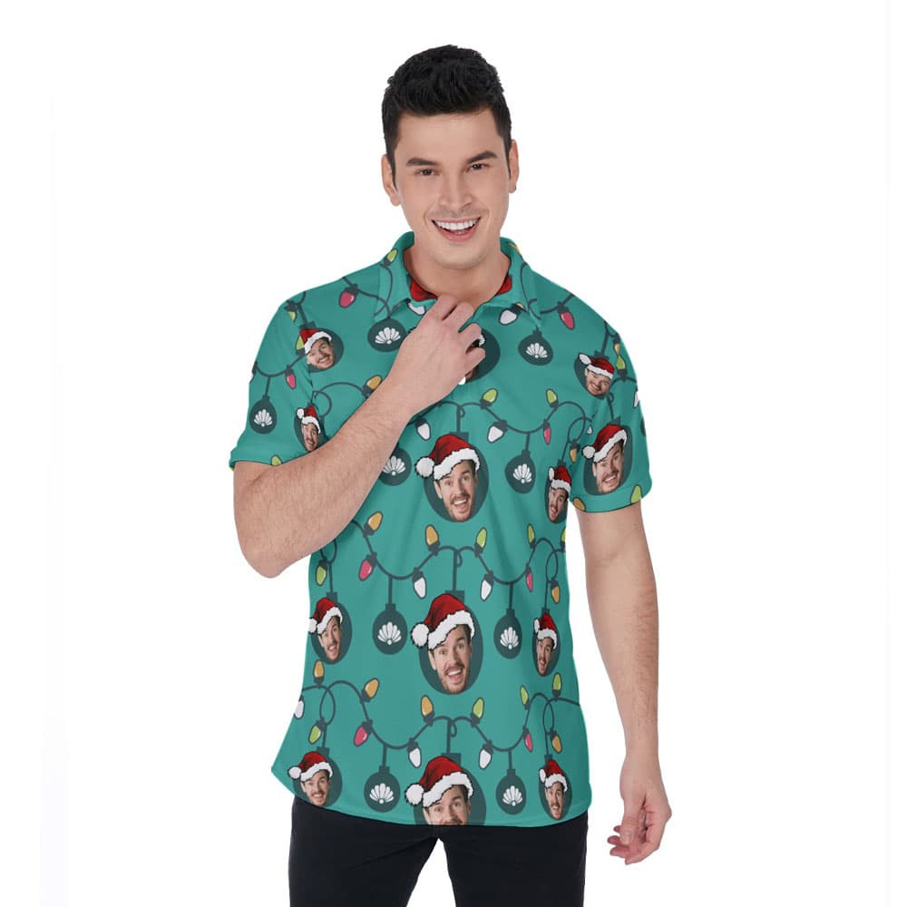 Funny Custom Face With Christmas Decorations Hawaiian Polo Shirt For Men