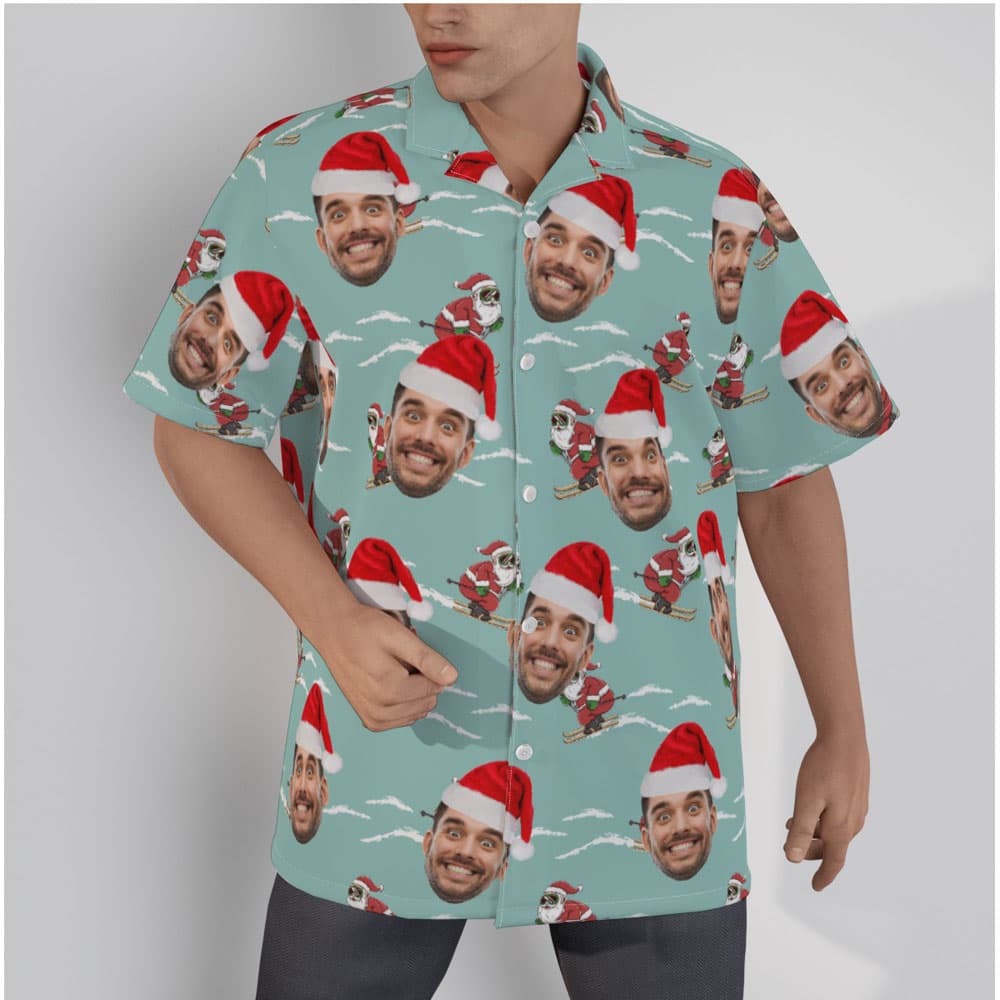 Funny Custom Face Xmas Santa Claus Skiing Blue Hawaiian Shirt