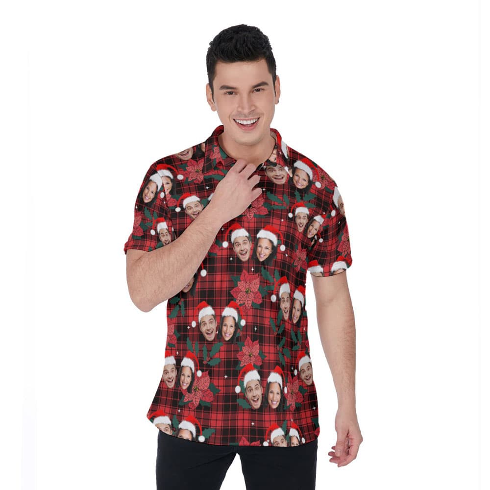 Funny Custom Multiple Faces Christmas Buffalo Plaid Hawaiian Polo Shirt