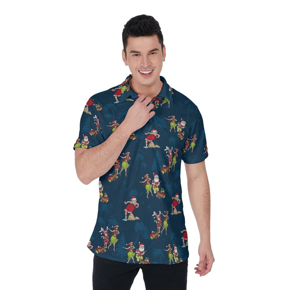 Funny Hula Santa Claus Tropical Navy Hawaiian Polo Shirt For Men