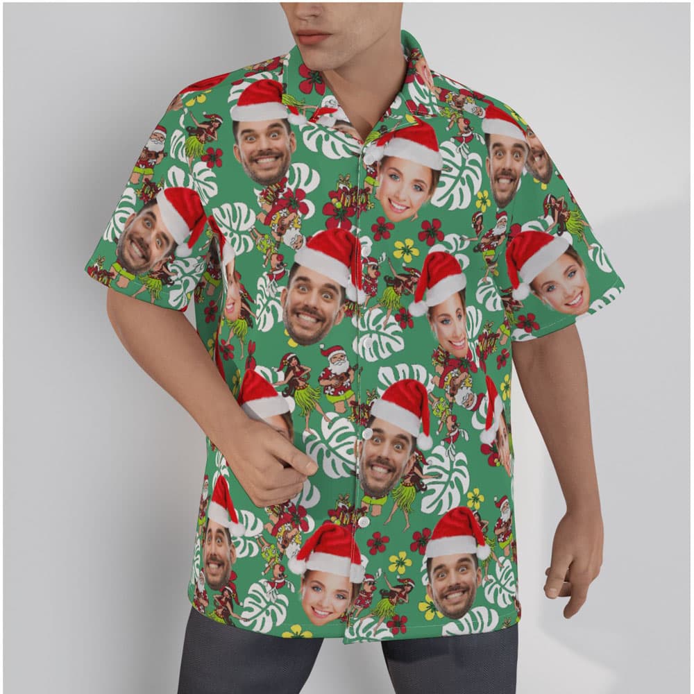 Funny Hula Santa Custom Face Green Hawaiian Shirt