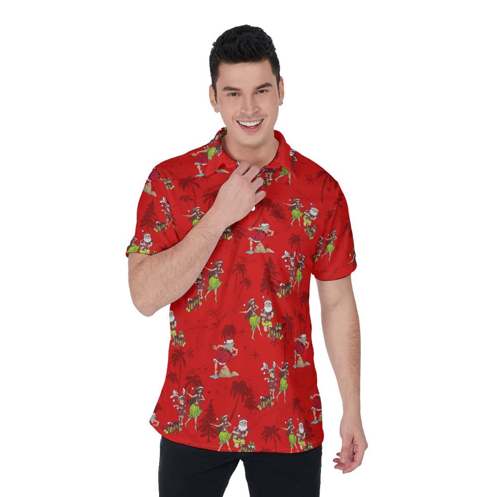 Funny Hula Santa Mele Kalikimaka Vintage Hawaiian Polo Shirt For Men