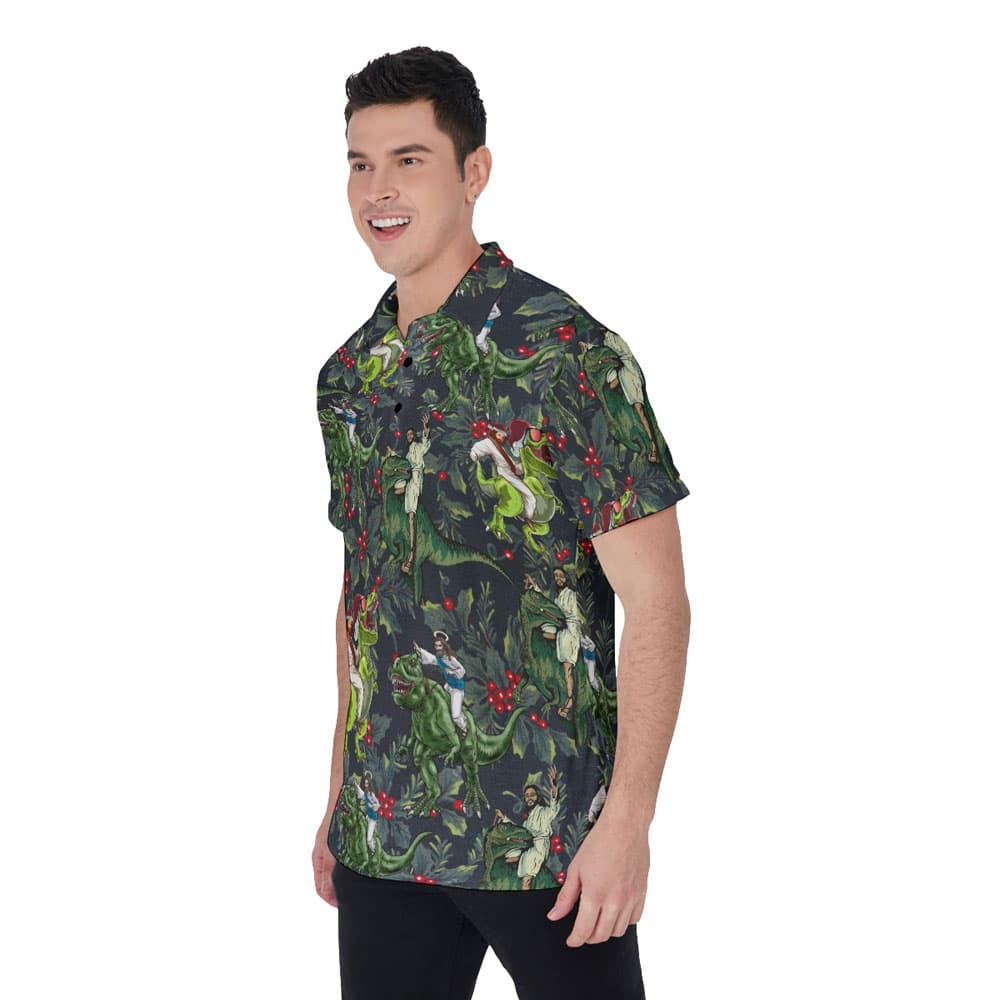 Funny Jesus Riding Dinosaur Tropical Christmas Hawaiian Polo Shirt