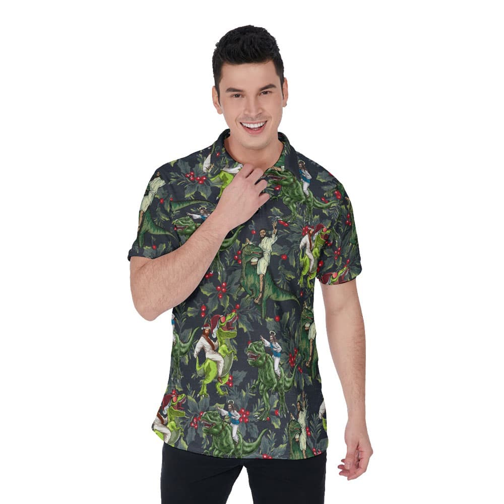 Funny Jesus Riding Dinosaur Tropical Christmas Hawaiian Polo Shirt