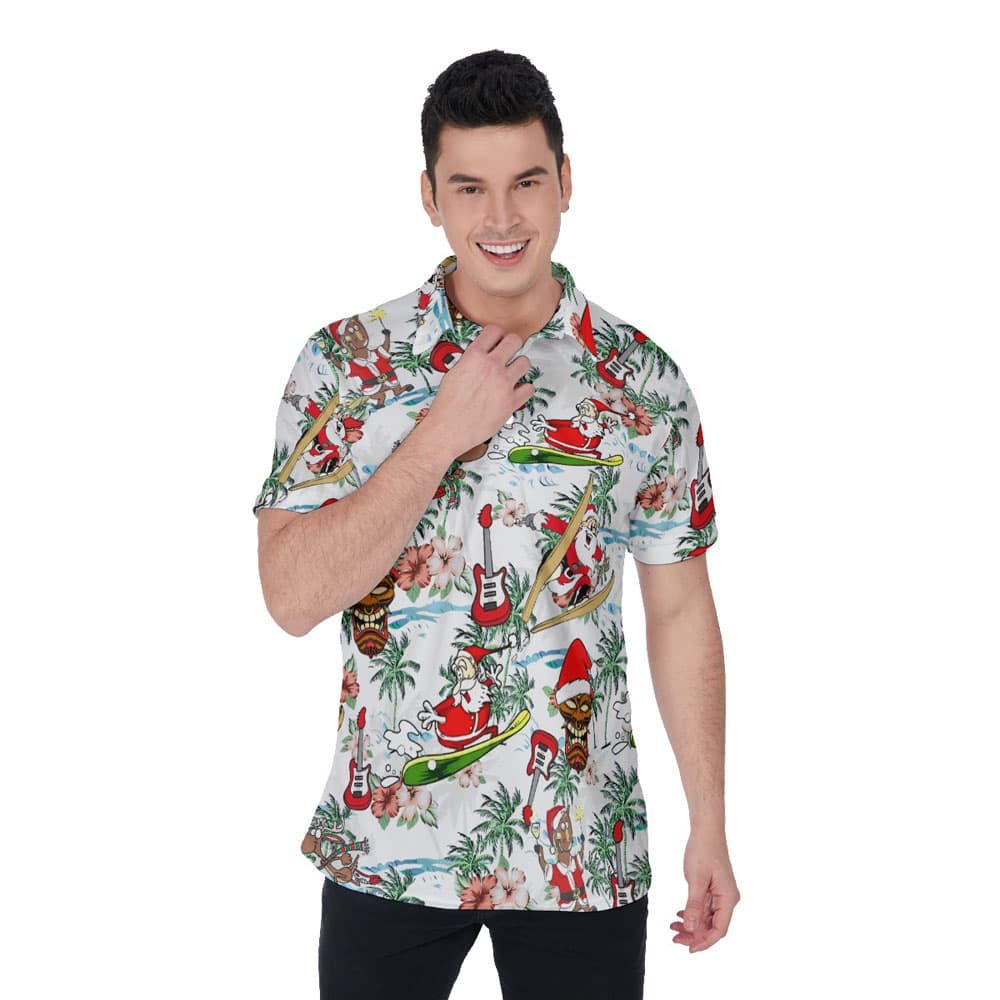 Funny Santa Claus Skiing Christmas Hawaiian Polo Shirt For Men