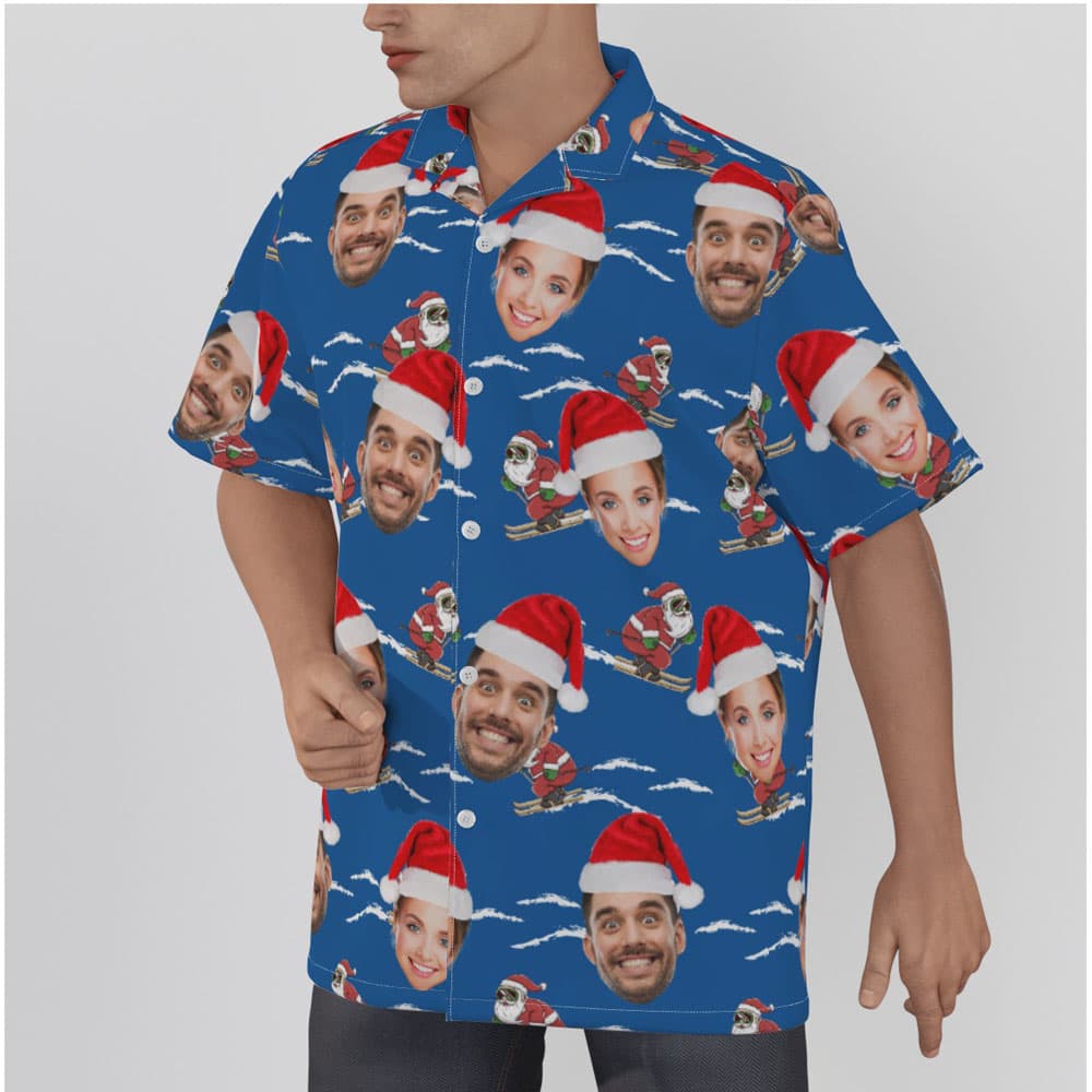 Funny Santa Claus Skiing Navy Hawaiian Shirt With Custom Multiple Faces