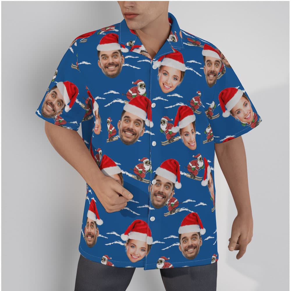 Funny Santa Claus Skiing Navy Hawaiian Shirt With Custom Multiple Faces