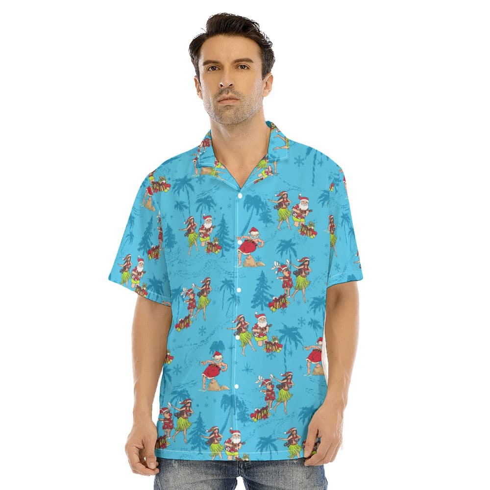 Funny Santa Hula Meke Kalikimaka Blue Hawaiian Shirt