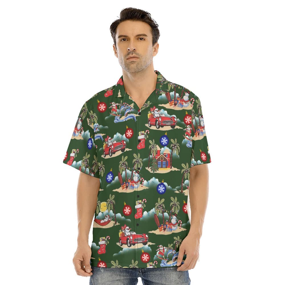 Funny Snowman On Beach Christmas Green Men's Hawaiian Shirt