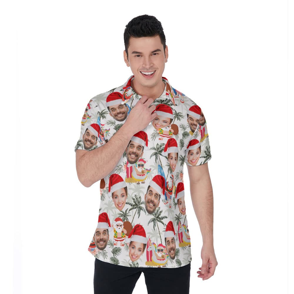 Funny Summer Santa Claus Christmas Hawaiian Polo Shirt With Custom Face