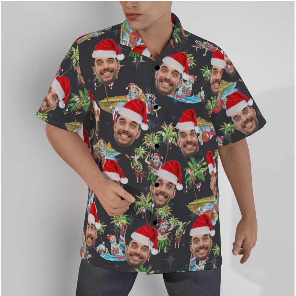 Mele Kalikimaka Black Hawaiian Shirt With Custom Face