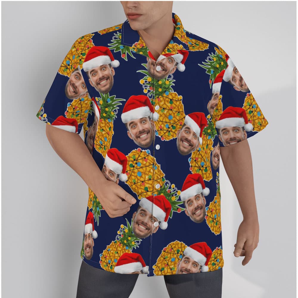 Mele Kalikimaka Pineapple Custom Face Christmas Navy Hawaiian Shirt