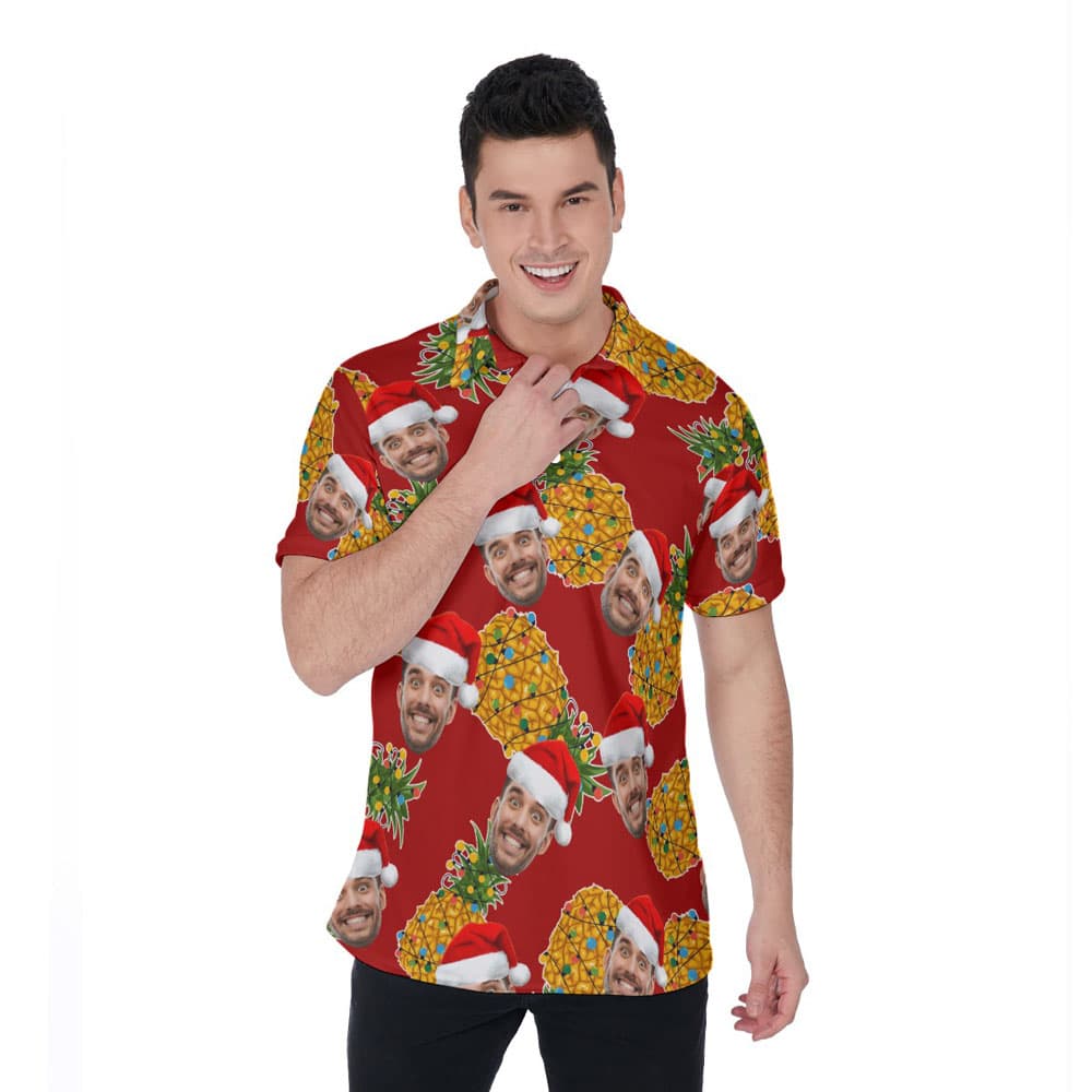 Mele Kalikimaka Pineapple Hawaiian Polo Shirt With Custom Face