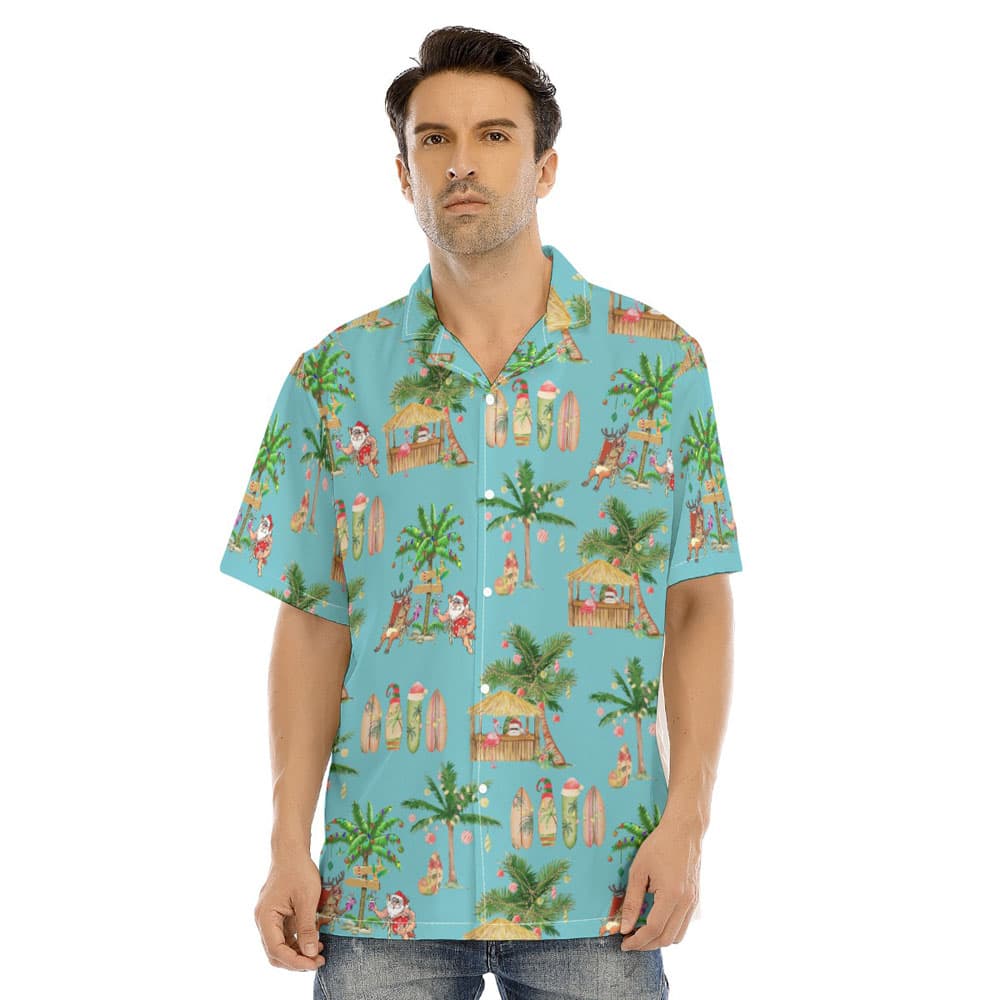 Mele Kalikimaka Santa Claus Christmas Palm Trees Blue Hawaiian Shirt