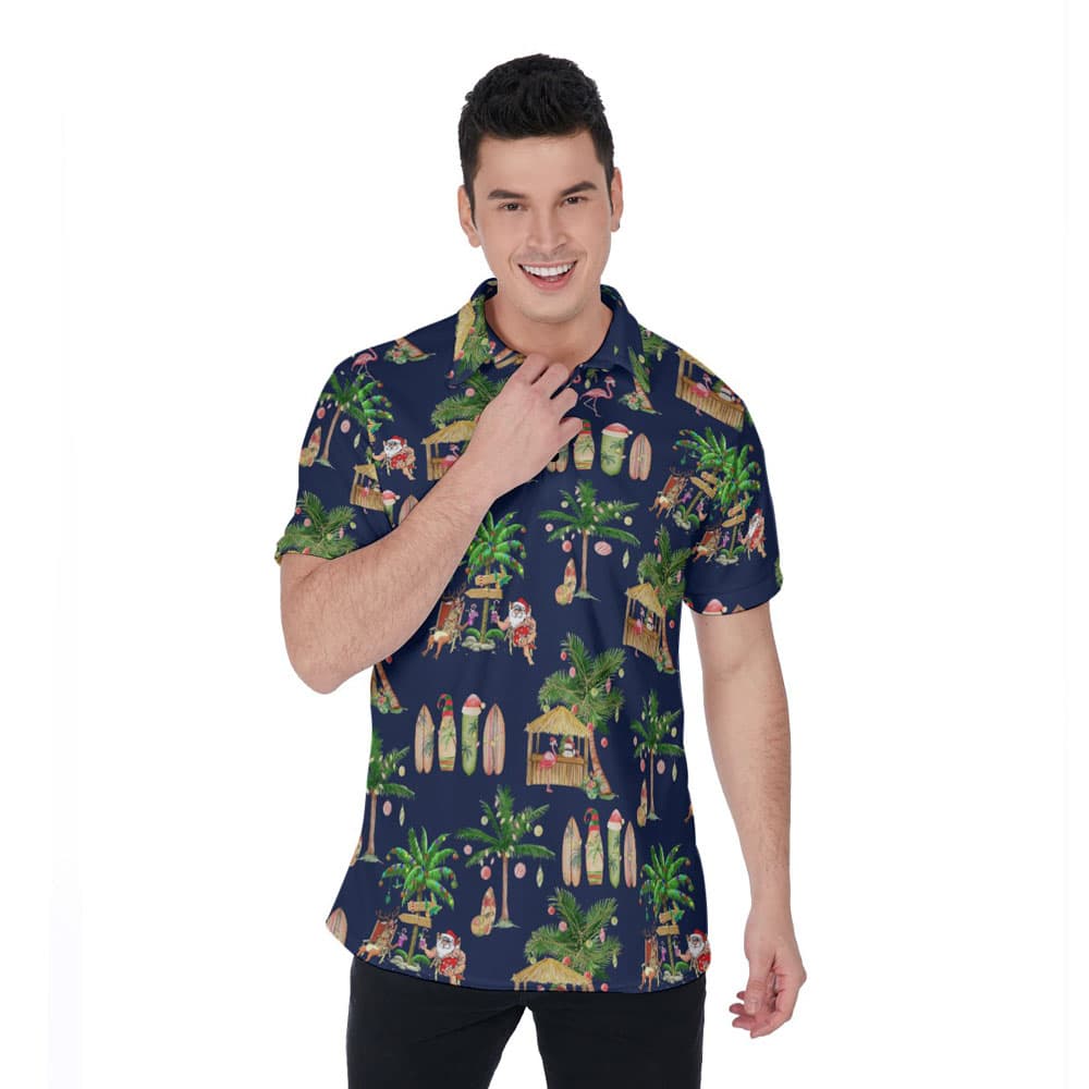 Mele Kalikimaka Santa Claus Tropical Christmas Navy Hawaiian Polo Shirt
