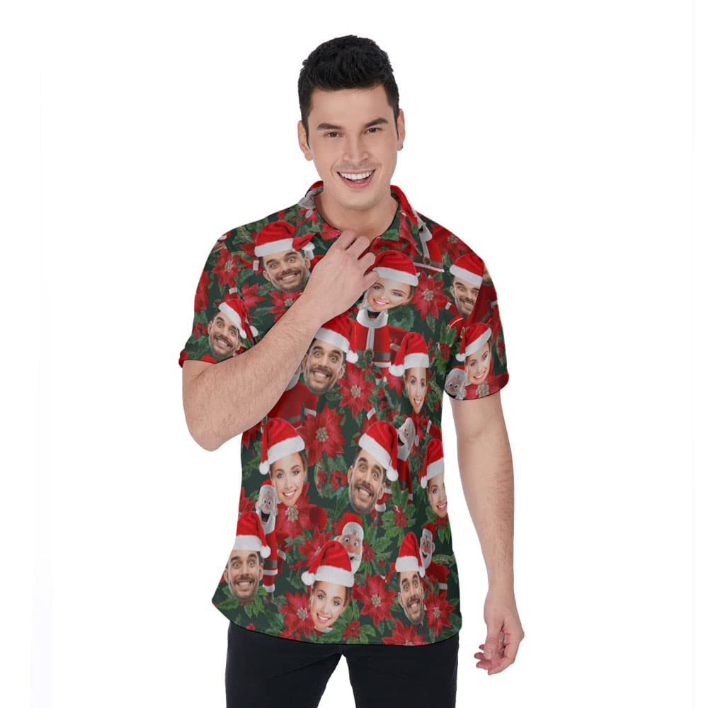 Poinsettia Santa Claus Floral Hawaiian Christmas Polo Shirt