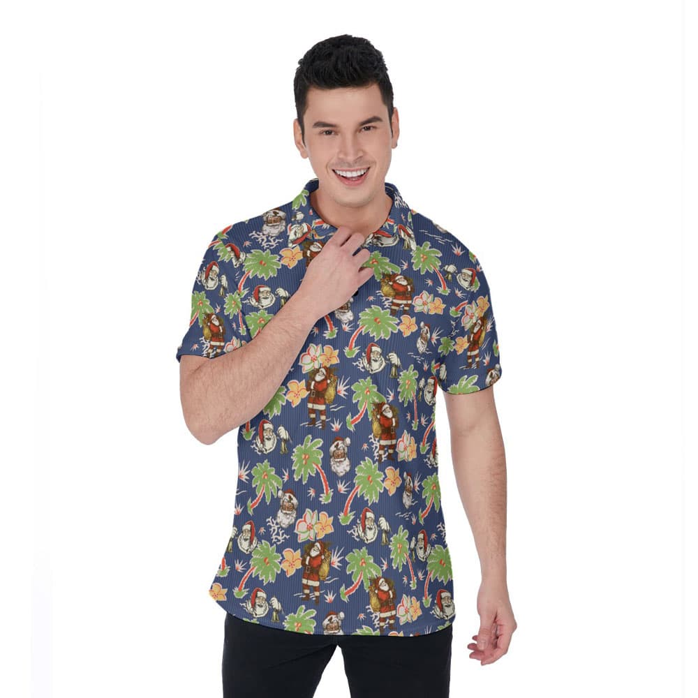 Retro Santa Claus Palm Tree Navy Hawaiian Polo Shirt