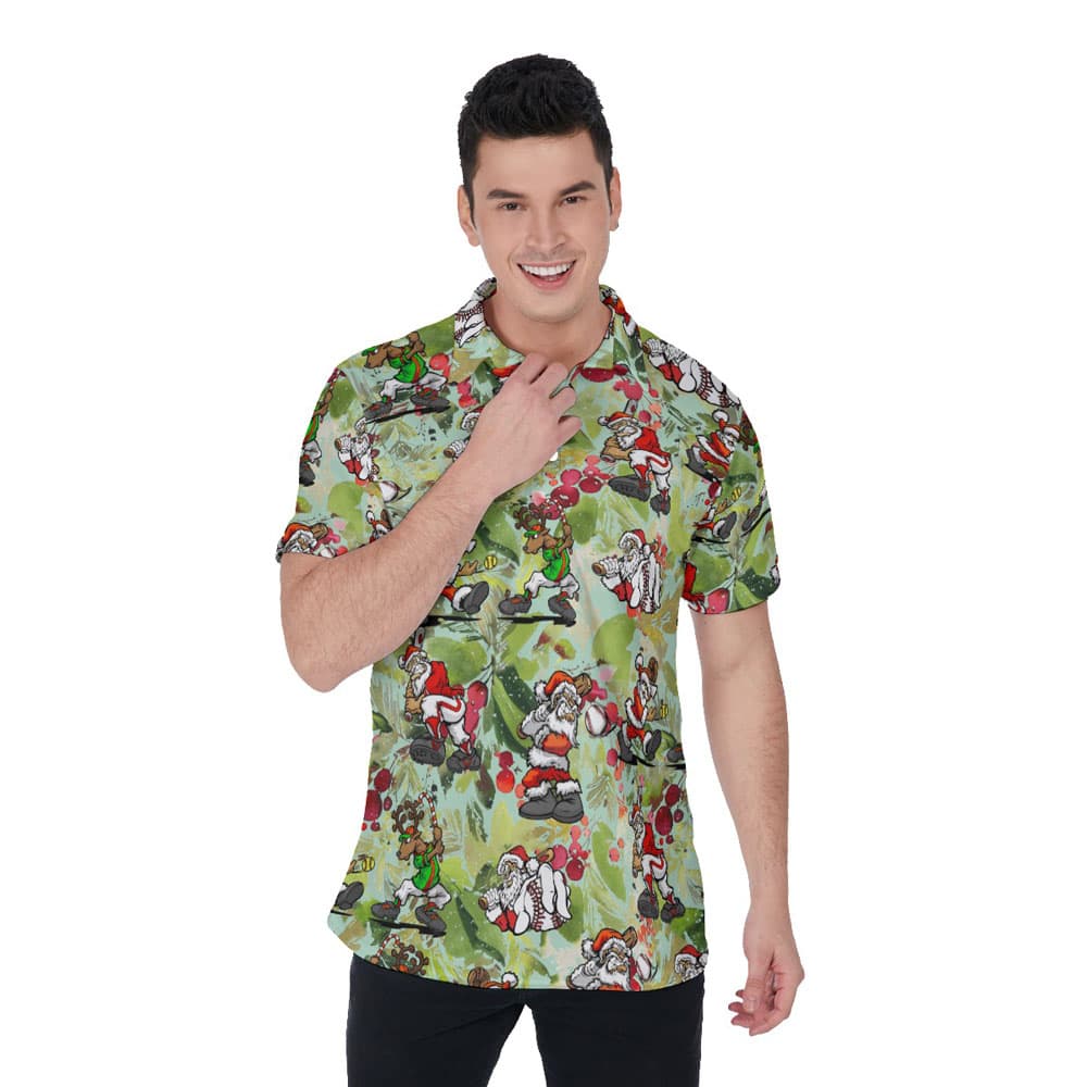 Santa Claus Playing Baseball Tropical Green Christmas Hawaiian Polo Shirt