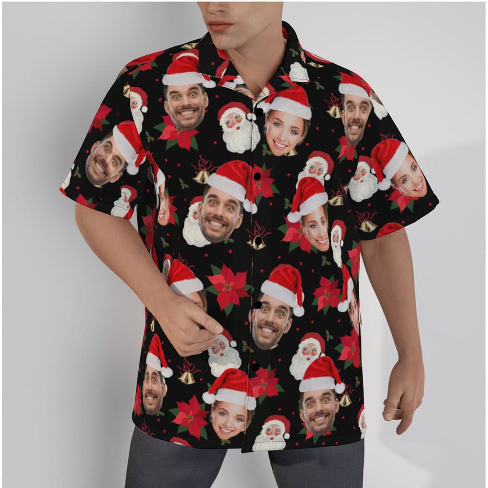 Santa Claus Poinsettia Christmas Hawaiian Shirt With Custom Face