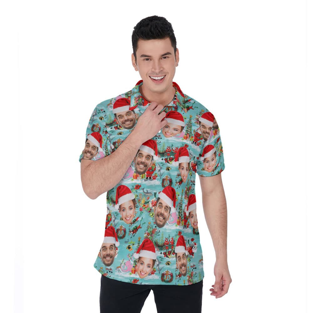 Scuba Diving Santa Claus Blue Hawaiian Polo Shirt With Custom Face