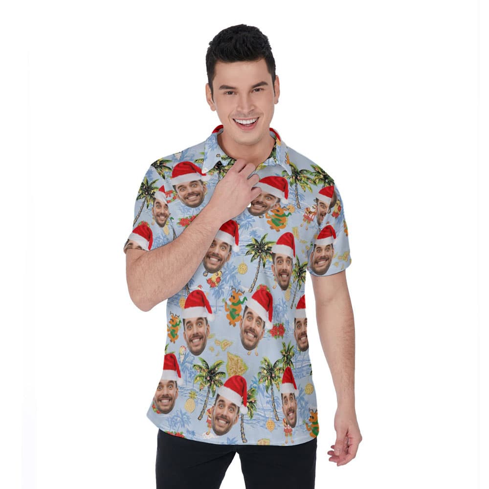 Summer Santa Playing Ukulele Palm Tree Hawaiian Polo Shirt With Custom Face
