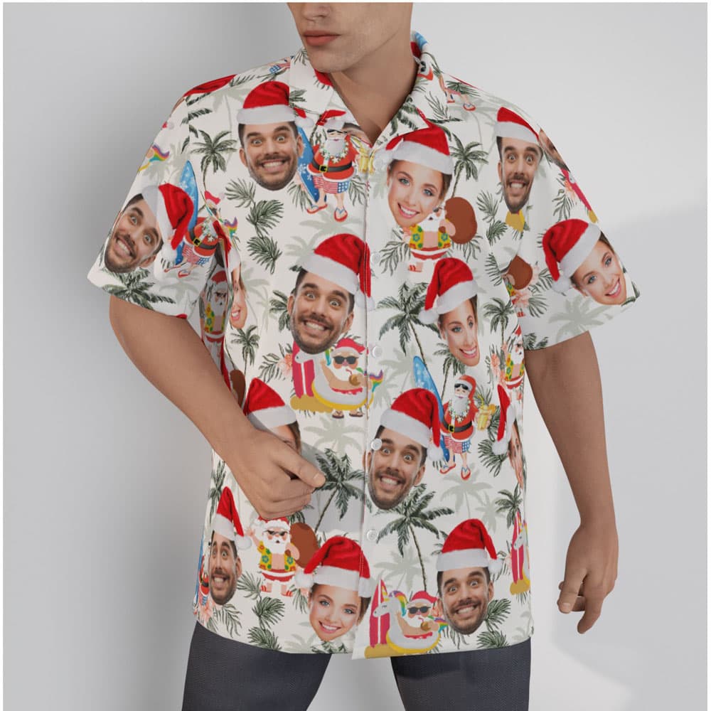 Summer Santa Surfing Tropical Christmas Hawaiian Shirt With Custom Face