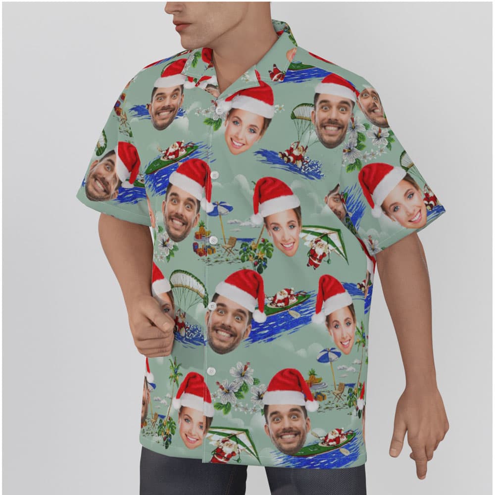 Surfing Santa Claus Christmas Green Hawaiian Shirt With Custom Face
