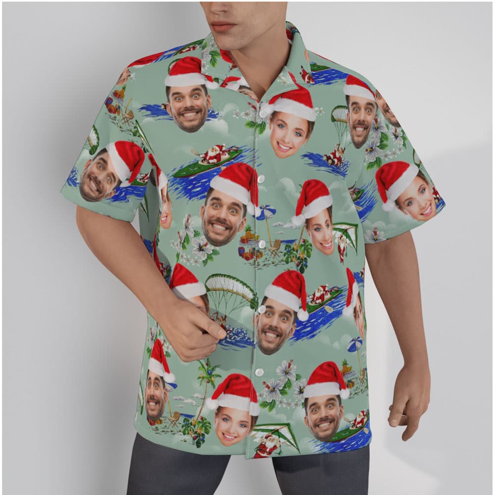 Surfing Santa Claus Christmas Green Hawaiian Shirt With Custom Face