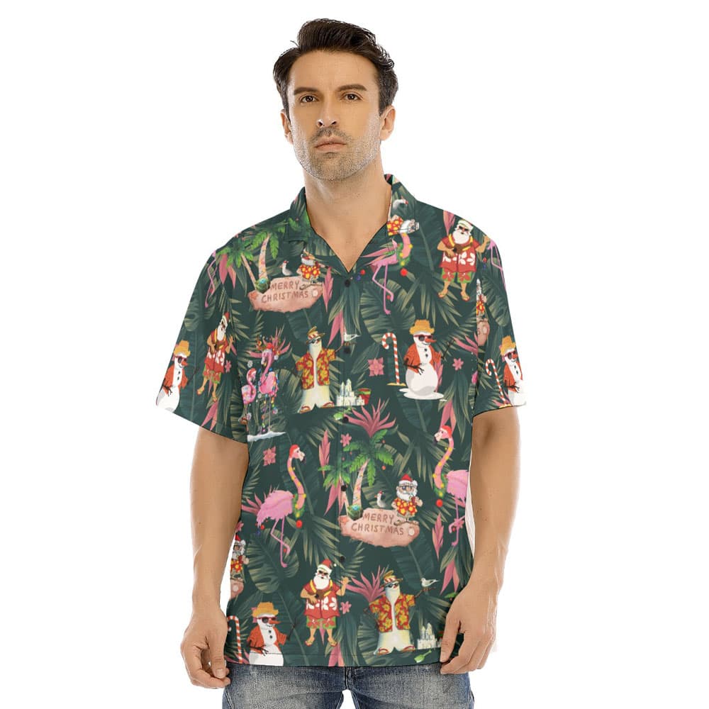 Tropical Christmas Flamingo Santa Claus Hawaiian Shirt