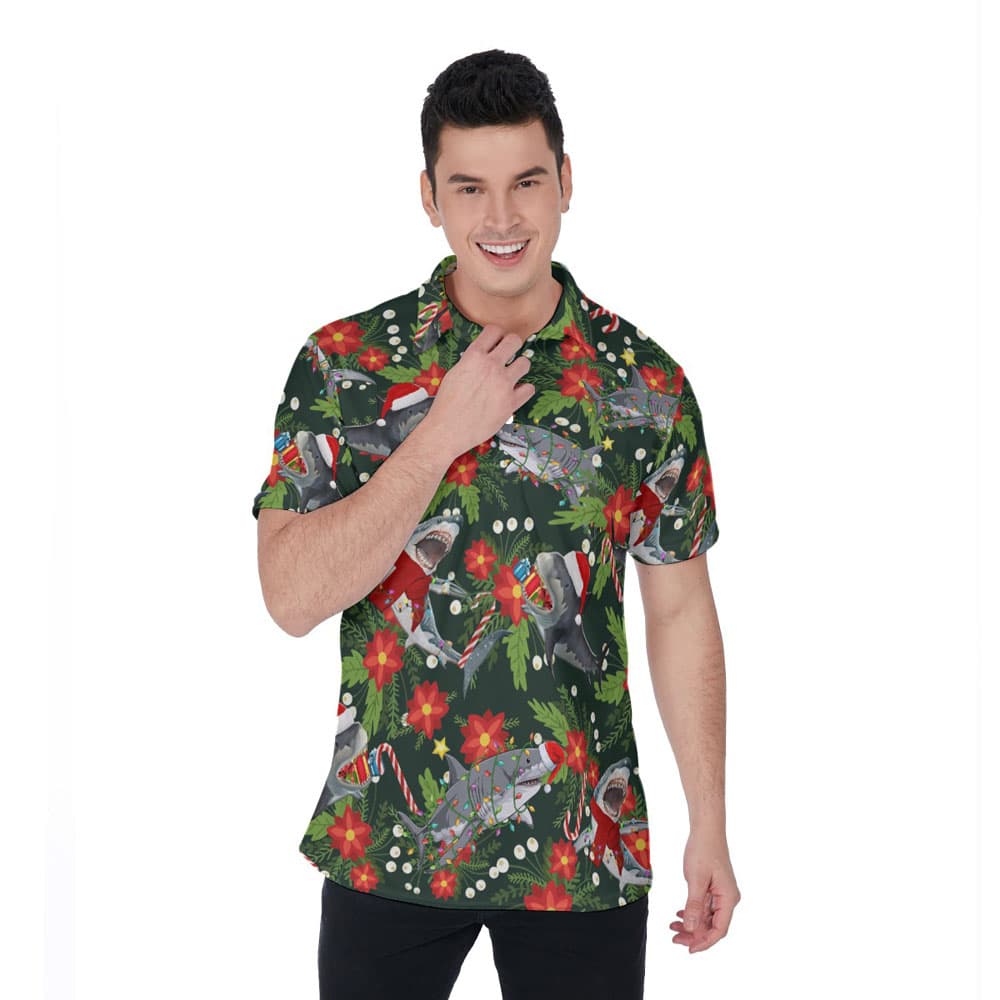 Tropical Christmas Shark Poinsettia Hawaiian Polo Shirt