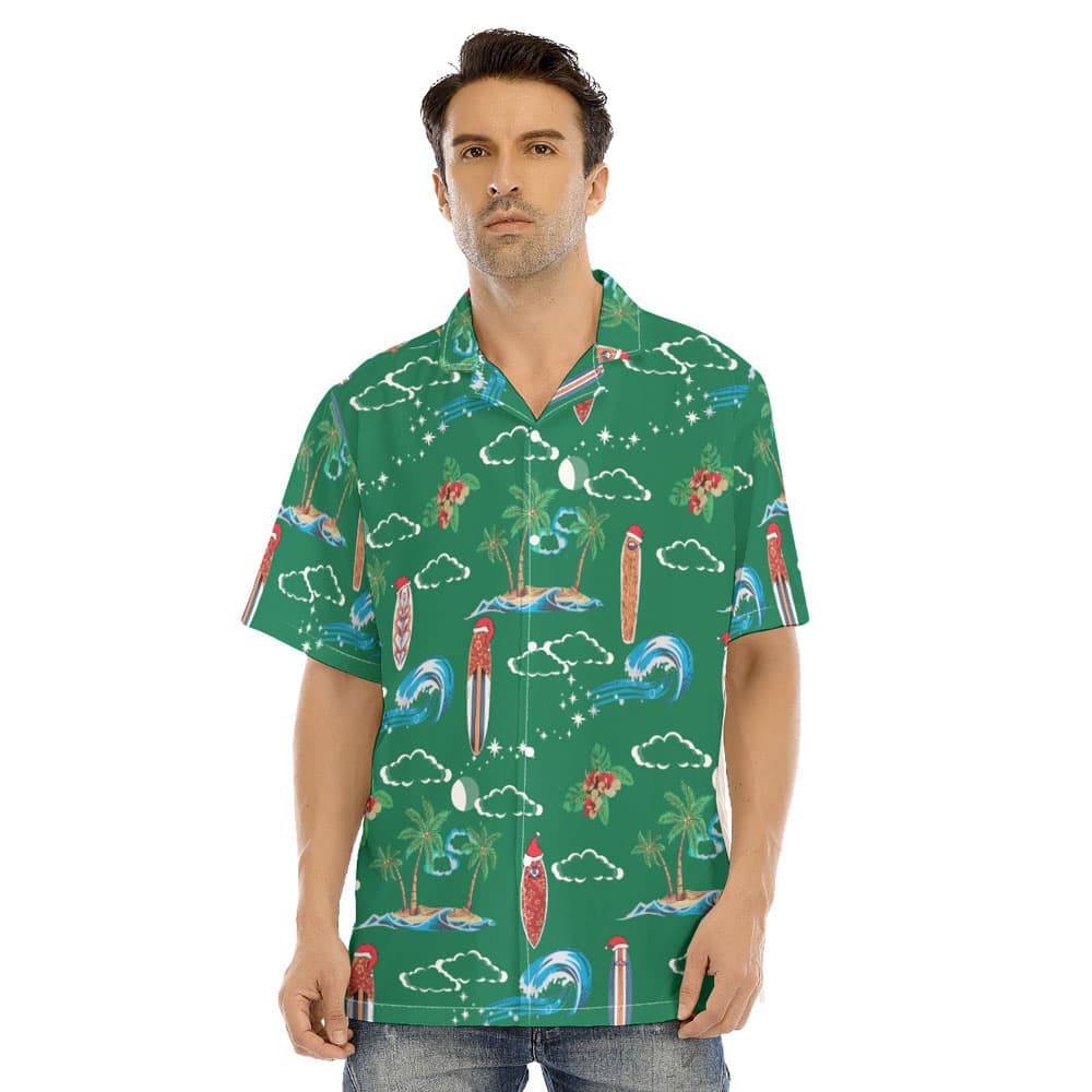 Vintage Christmas Surfing Board Green Hawaiian Shirt