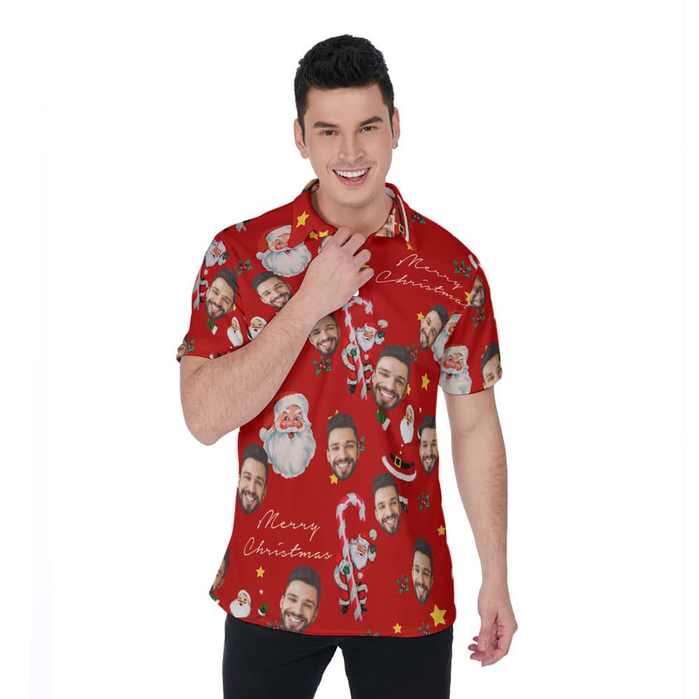 Vintage Santa Claus Candy Cane Christmas Hawaiian Polo Shirt With Custom Face