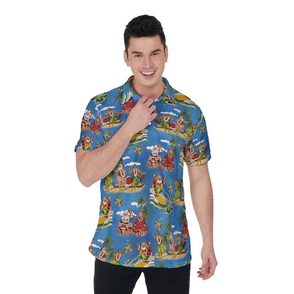 Vintage Santa Claus Mele Kalikimaka Hawaiian Polo Shirt